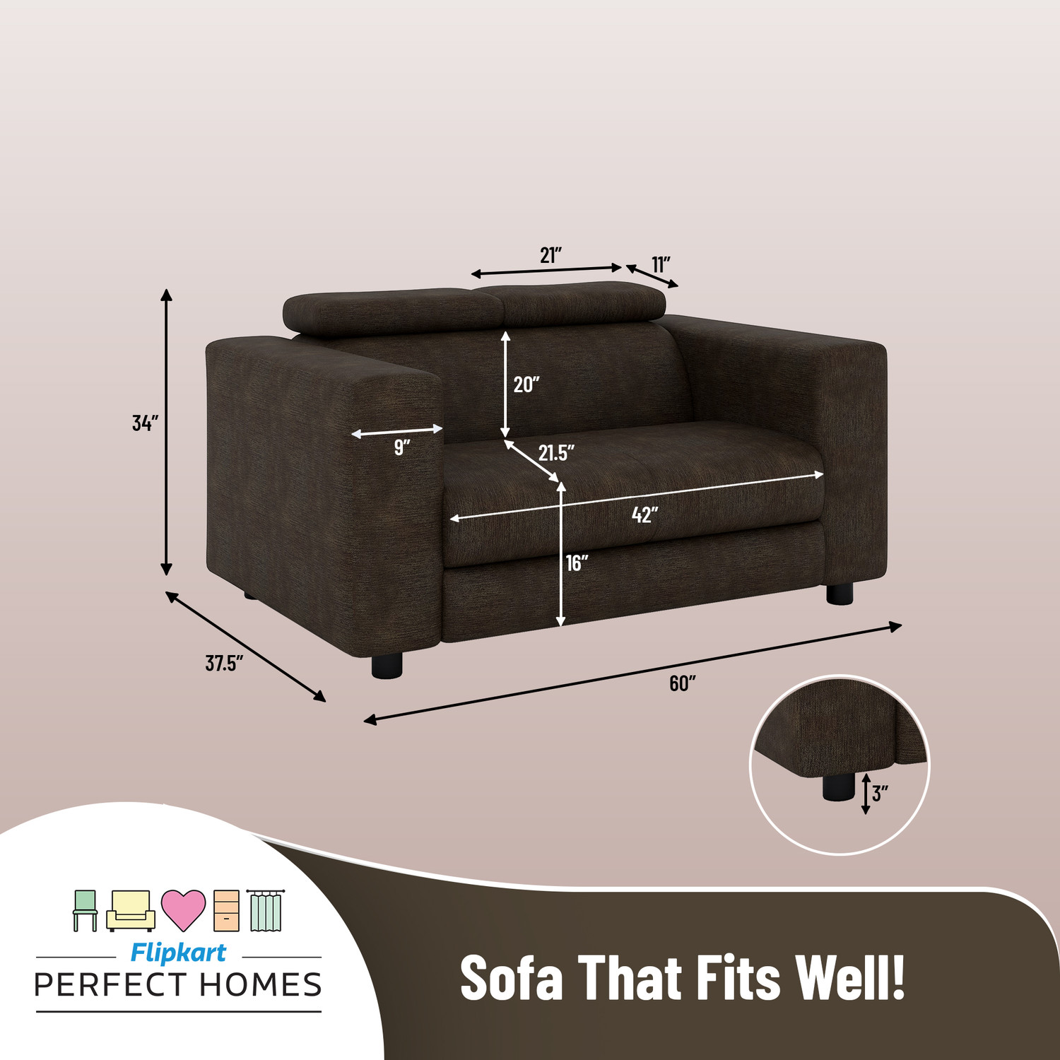 Image of Flipkart Perfect Homes Heaven Fabric 2 Seater Sofa