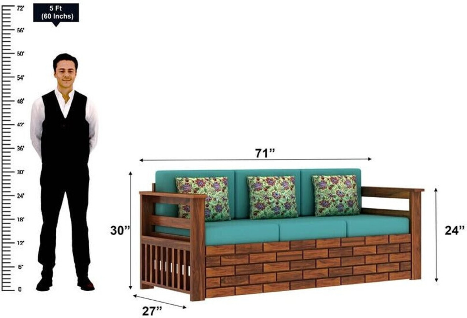 Image of Dreamydesks Solid Wood 3 Seater Sofa with Side Pockets with Cushions for Living Room Solid Wood 3 Seater Sofa
