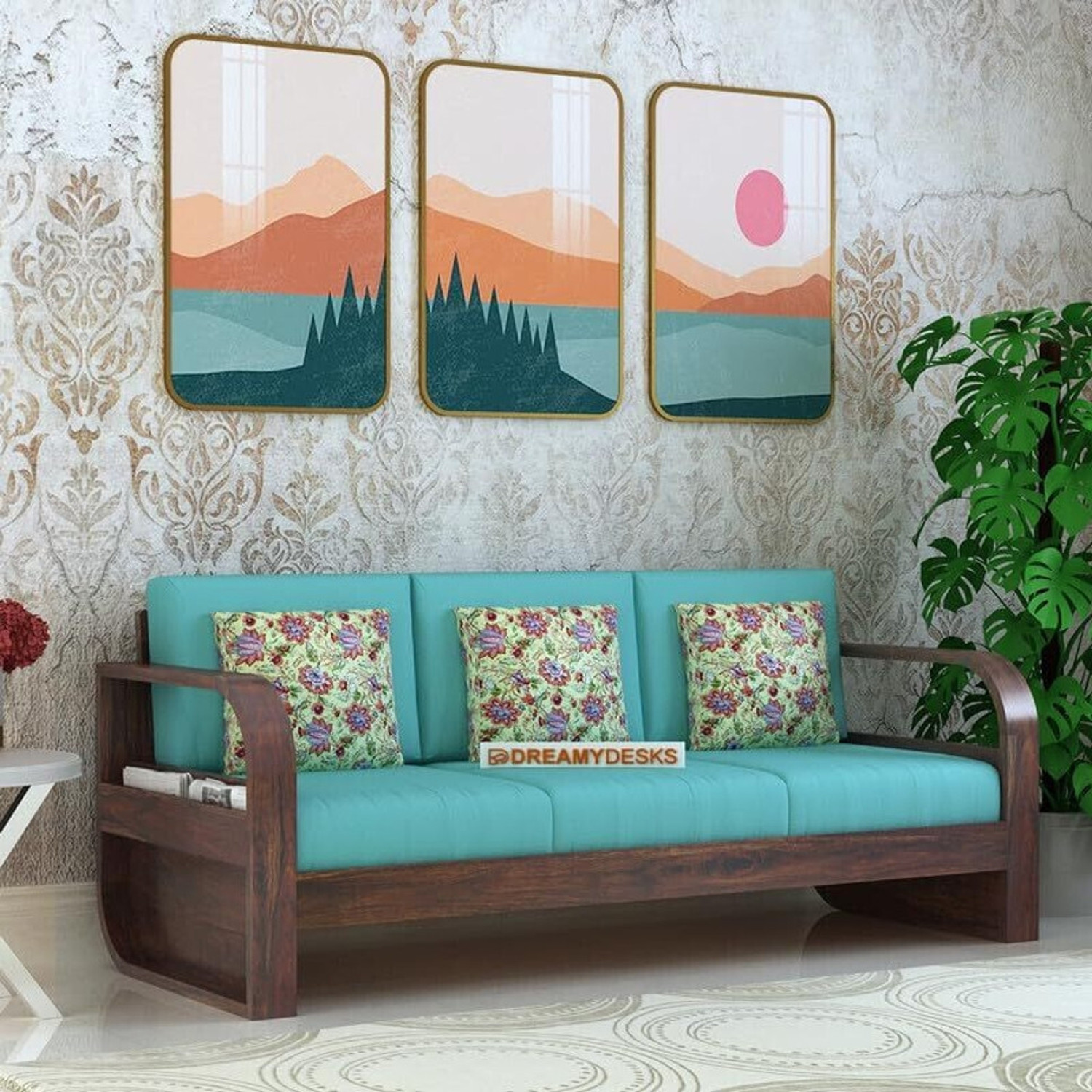 Image of Dreamydesks 3 Seater Sofa with Side Pockets with Cushions for Living Room Solid Wood 3 Seater Sofa