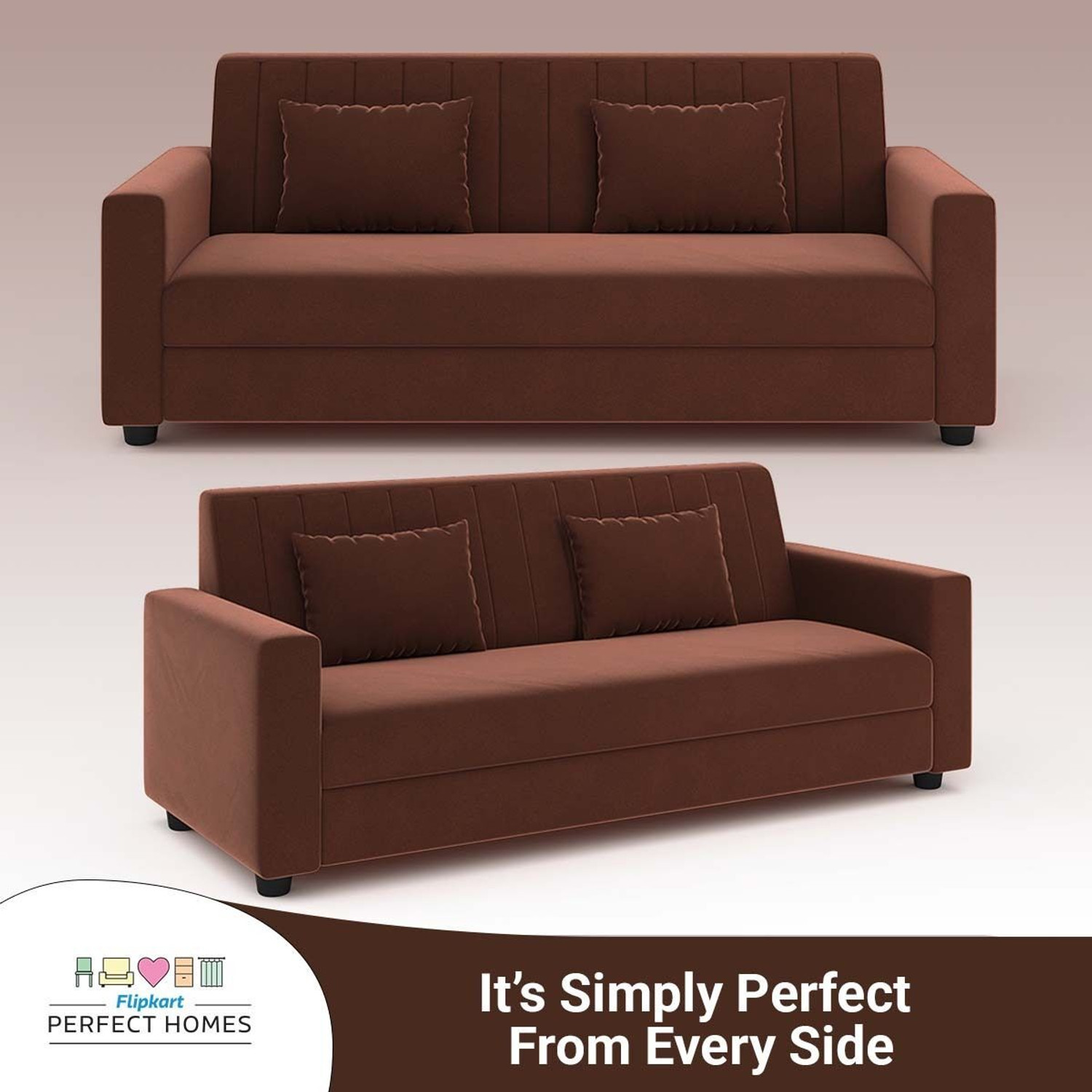 Image of Flipkart Perfect Homes Aeroform Luxuary Sofa Velvet Upholstery l Rick look Legs Fabric 3 Seater Sofa (Finish Color - Brown, DIY(Do-It-Yourself))