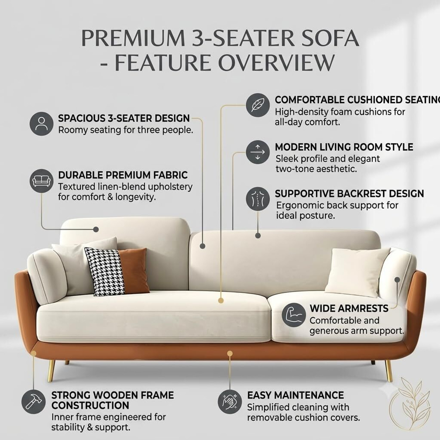 Image of Z H Handicrafts 3 Seater Velvet Comfortable Sofa with Cushion Chaise Lounge Sectional Sofa Fabric 3 Seater Sofa