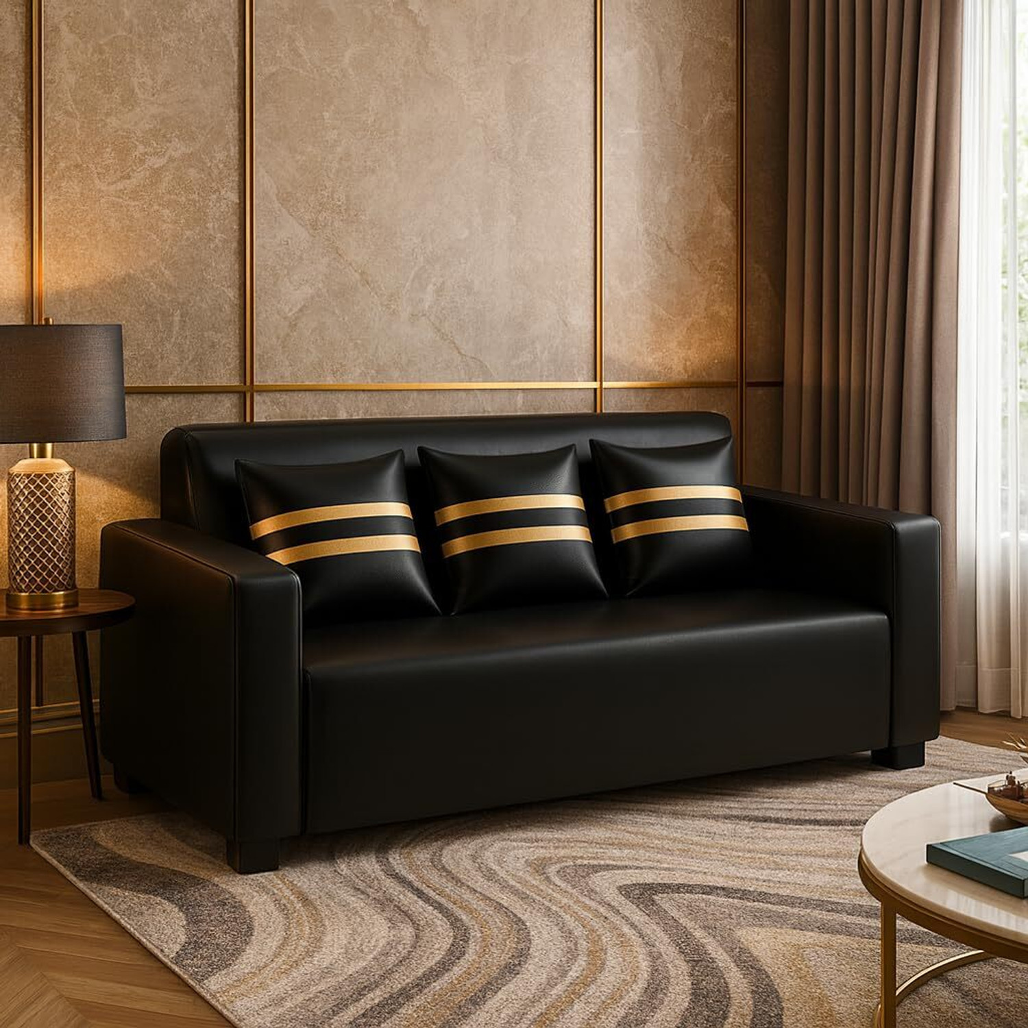Image of Flipkart Perfect Homes Exico 3s Black Leatherette 3 Seater Sofa