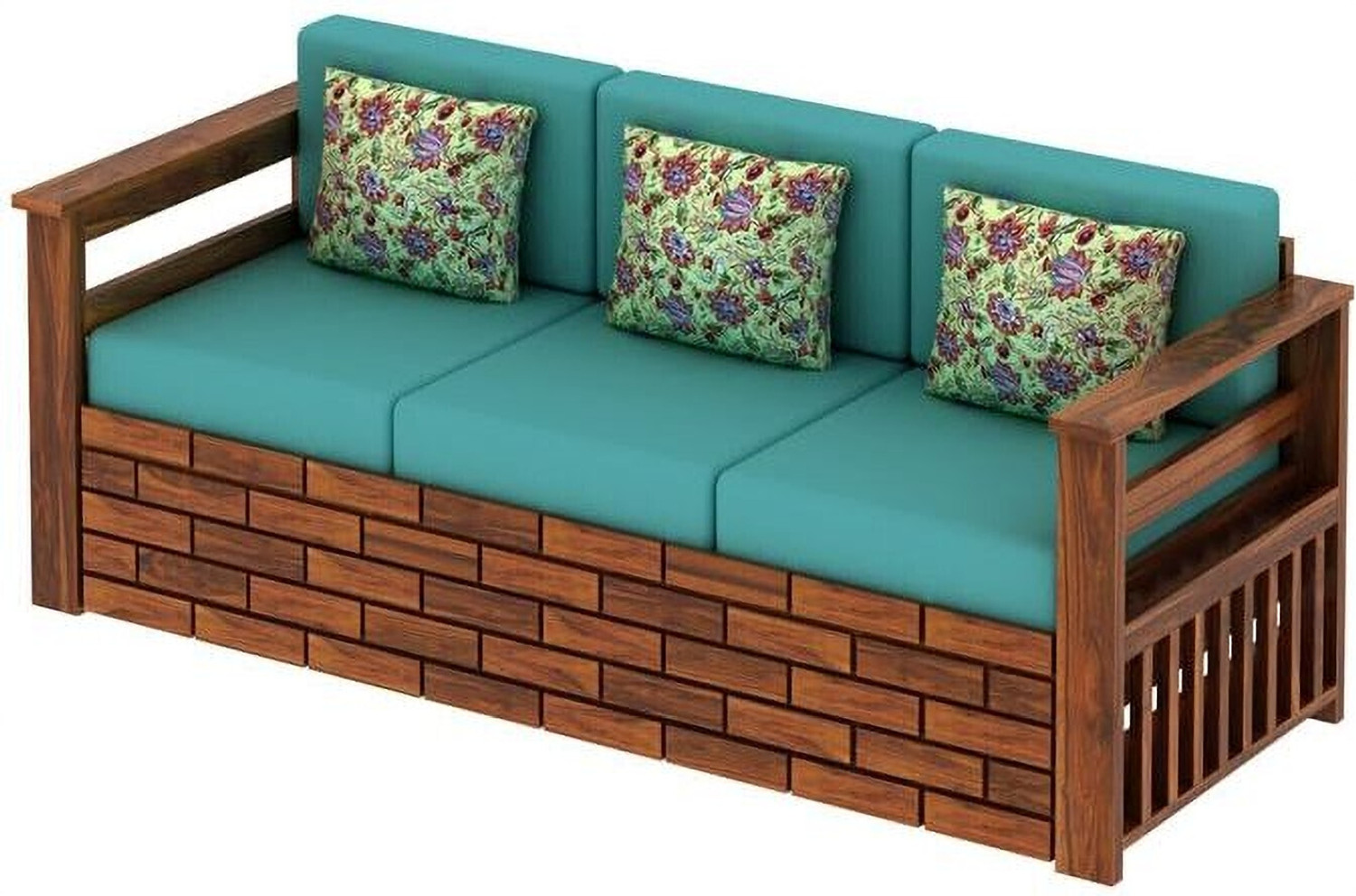 Image of Dreamydesks Solid Wood 3 Seater Sofa with Side Pockets with Cushions for Living Room Solid Wood 3 Seater Sofa