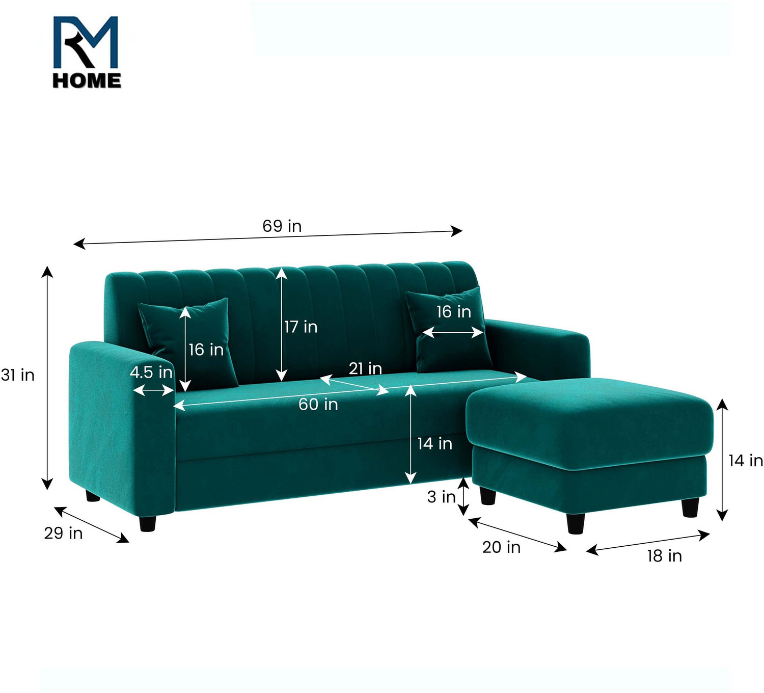Image of RM HOME Luna Fabric 4 Seater Sofa