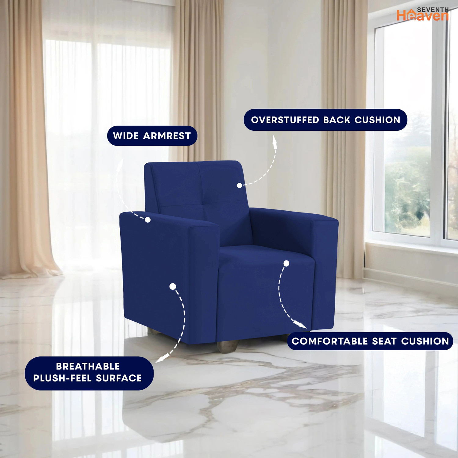 Image of Seventh Heaven London 1 Seater Sofa, Extra Spacious, Plush Suede Fabric 1 Seater Sofa