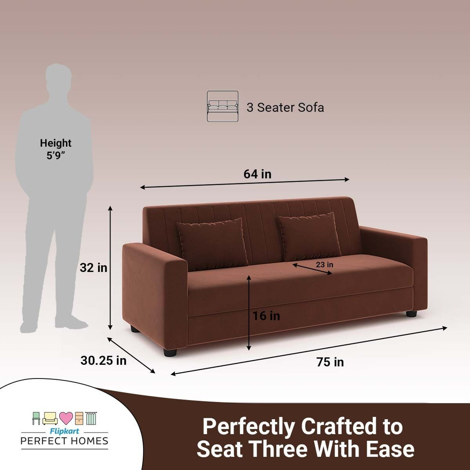 Image of Flipkart Perfect Homes Aeroform Luxuary Sofa Velvet Upholstery l Rick look Legs Fabric 3 Seater Sofa (Finish Color - Brown, DIY(Do-It-Yourself))
