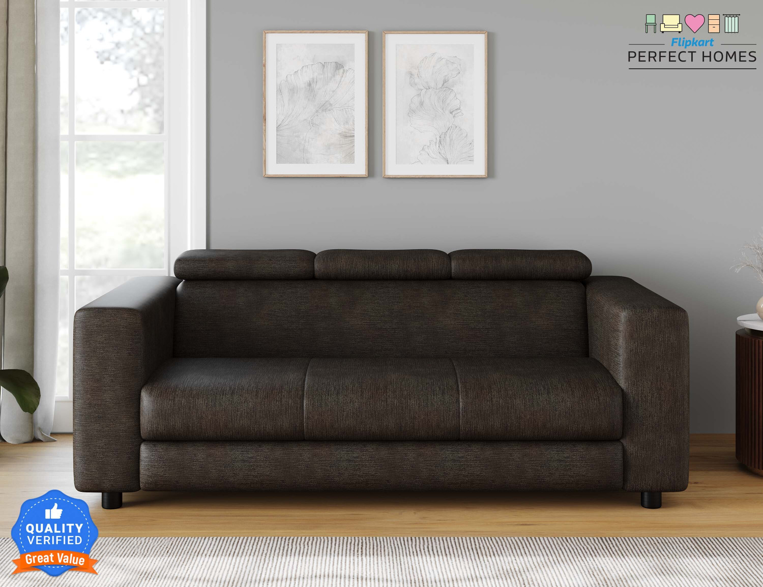 Image of Flipkart Perfect Homes Heaven Fabric 3 Seater Sofa