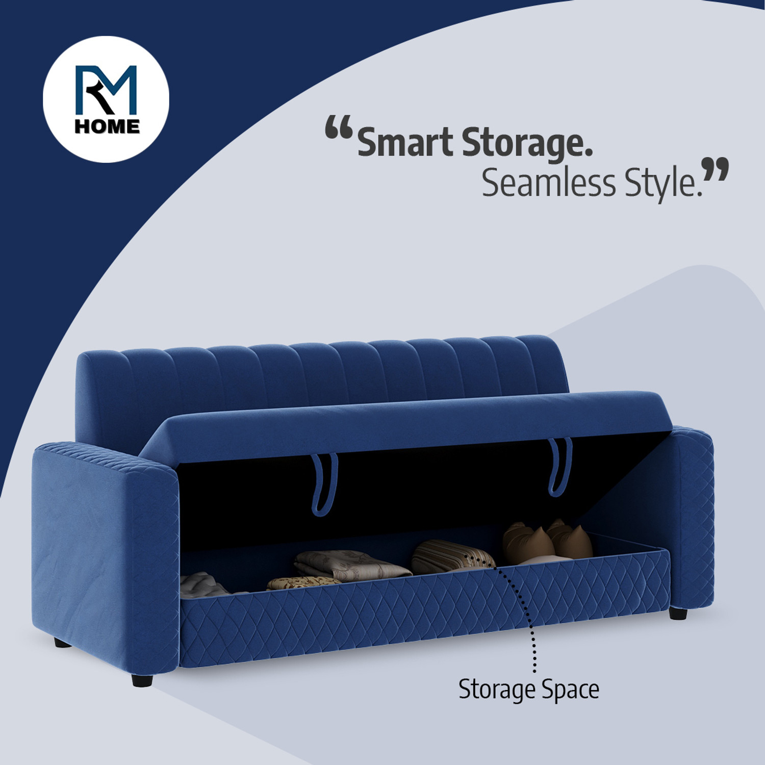 Image of RM HOME Oliver 3 Seater Sofa With Storage Fabric 3 Seater Sofa