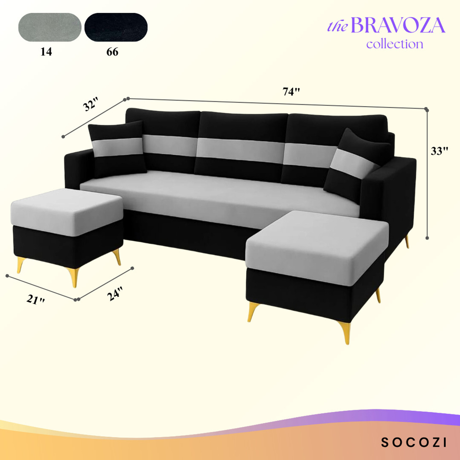 Image of FURNY Bastian 3 Seater Modular Sofa Set with 2 Ottoman| Soft Velvet | Sofas Fabric 3 Seater Sofa