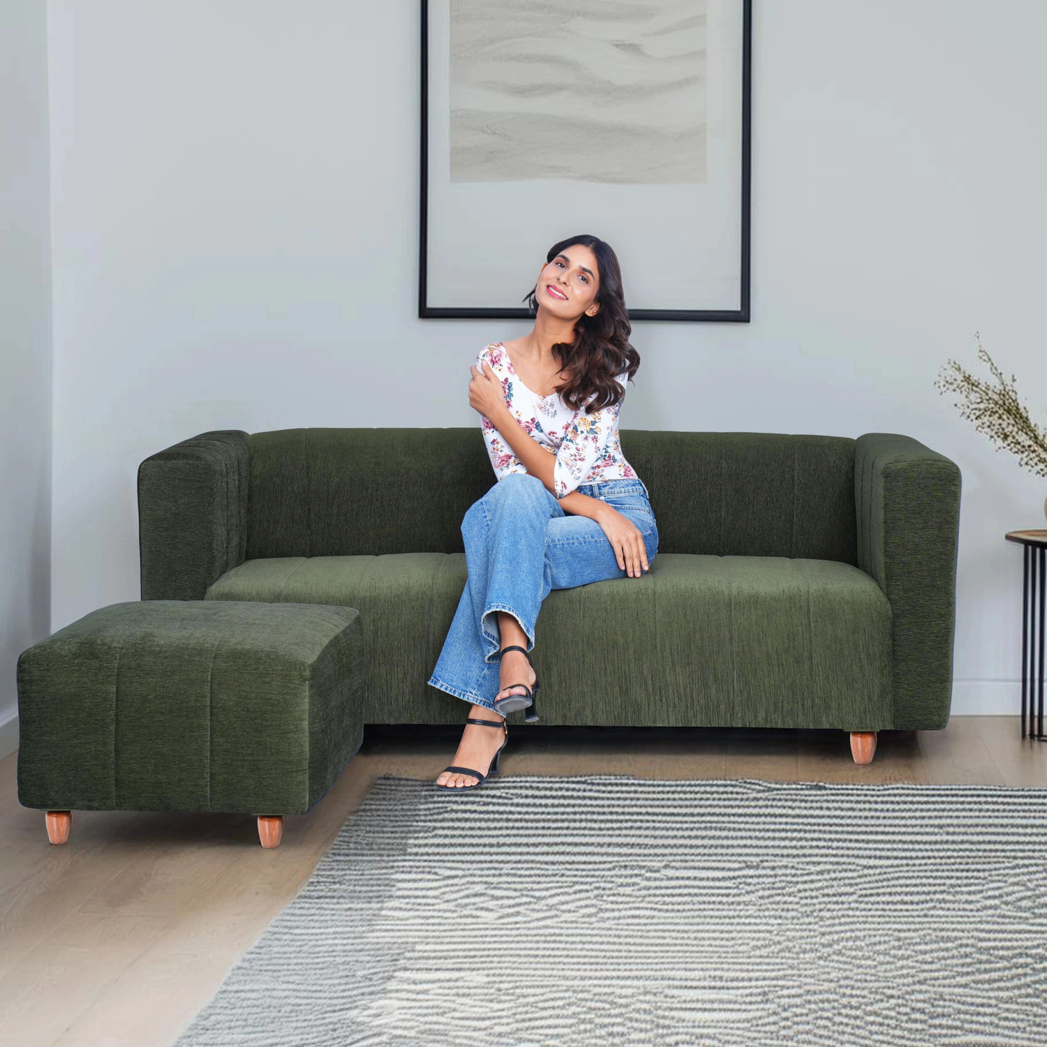 Image of Seventh Heaven Tokyo with 1 Ottoman, Chenille Molfino Fabric Fabric 4 Seater Sofa