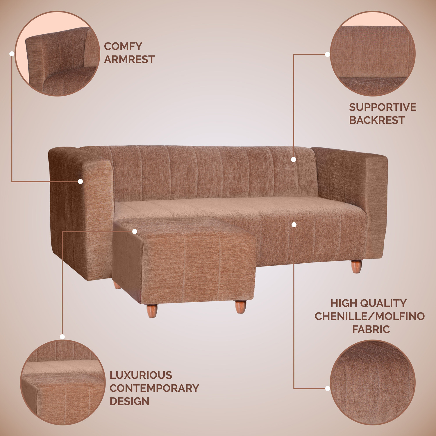 Image of Seventh Heaven Tokyo with 1 Ottoman, Chenille Molfino Fabric 4 Seater Sofa