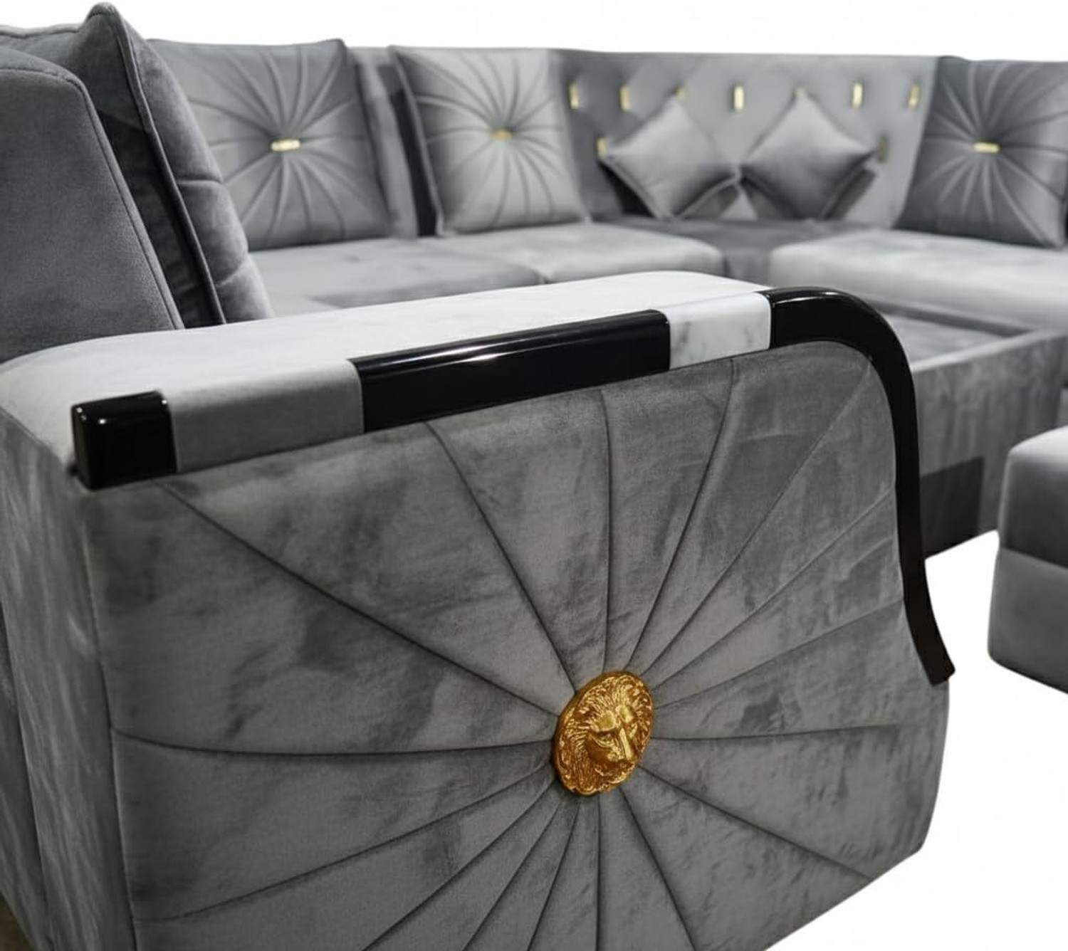 Image of APRODZ L-Shaped Sectional 6-Seater Sofa with Tufted Back Padded Armrest Corner Sofa Fabric 6 Seater Sofa