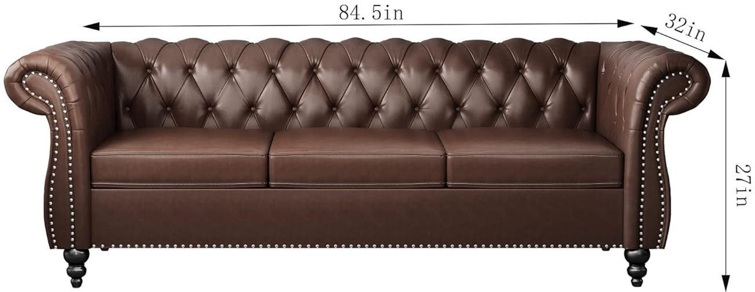 Image of Arcreation shop Chesterfield Sofa Leather Modern PU Tufted Couch with Rolled Arms and Nailhead Leatherette 3 Seater Sofa