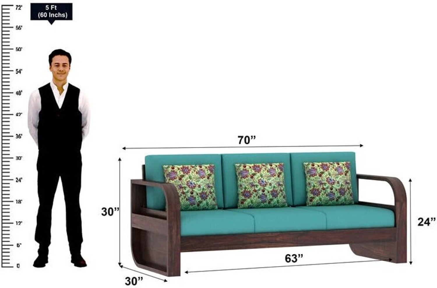 Image of Dreamydesks 3 Seater Sofa with Side Pockets with Cushions for Living Room Solid Wood 3 Seater Sofa