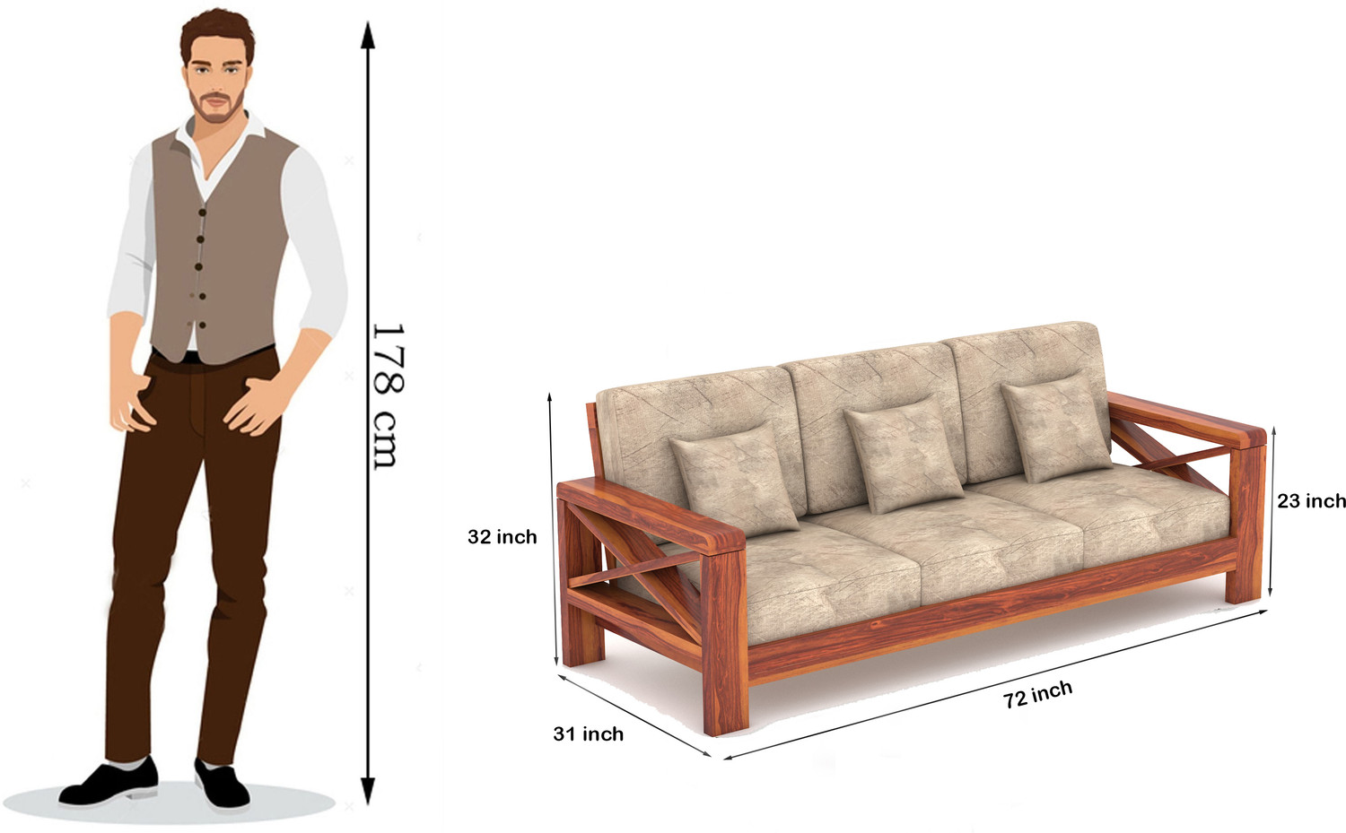 Image of NATRAJ ART & CRAFT Sheesham Solid Wood 3 Seater Sofa for Living Room Home & Office | Sofa Set Fabric 3 Seater Sofa (Finish Color - Honey, DIY(Do-It-Yourself))