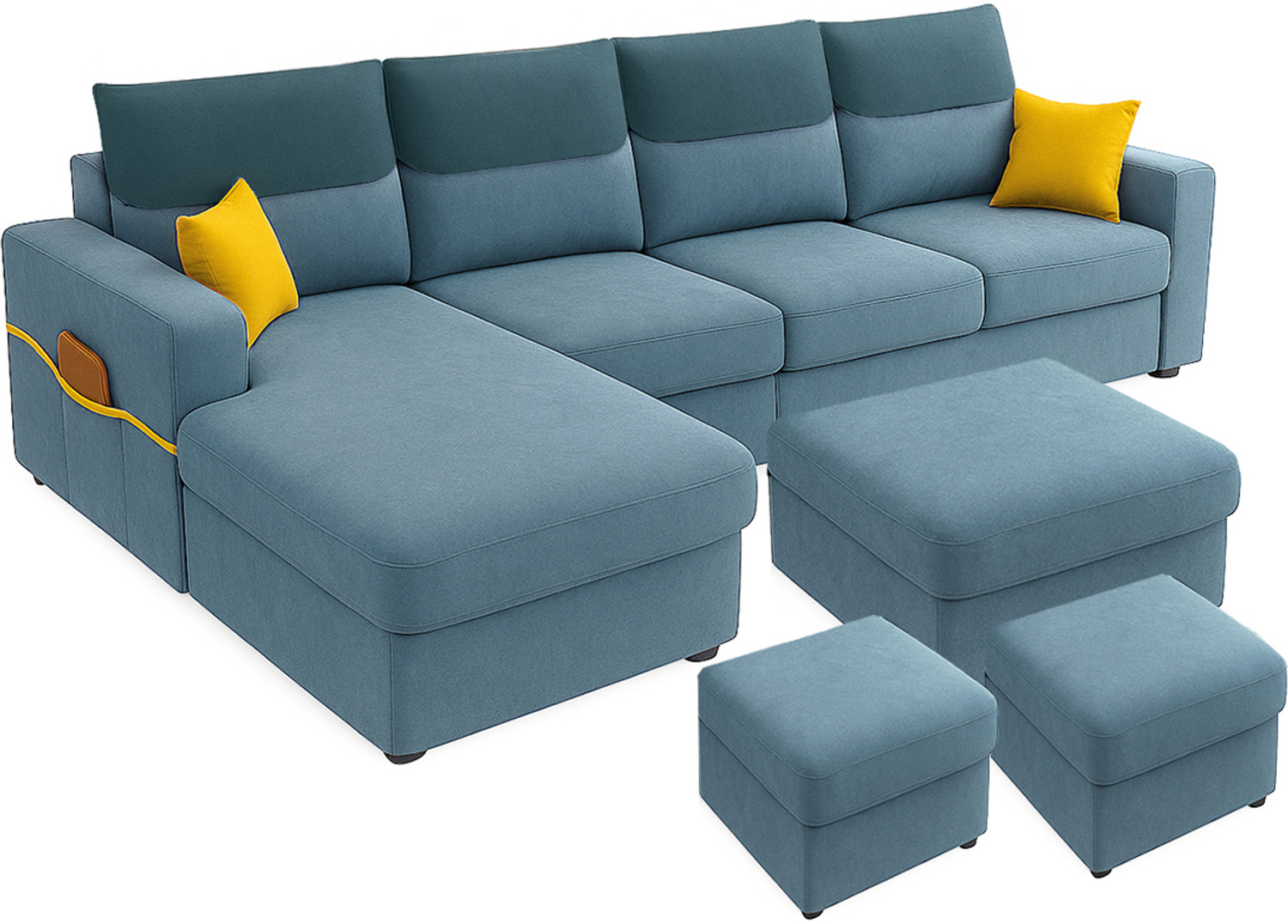 Image of FURNY Tokyo 8 Seater Fabric LHS L Shape Sofa Set with 1 Centre Table & 2 Puffy Fabric 8 Seater Sofa