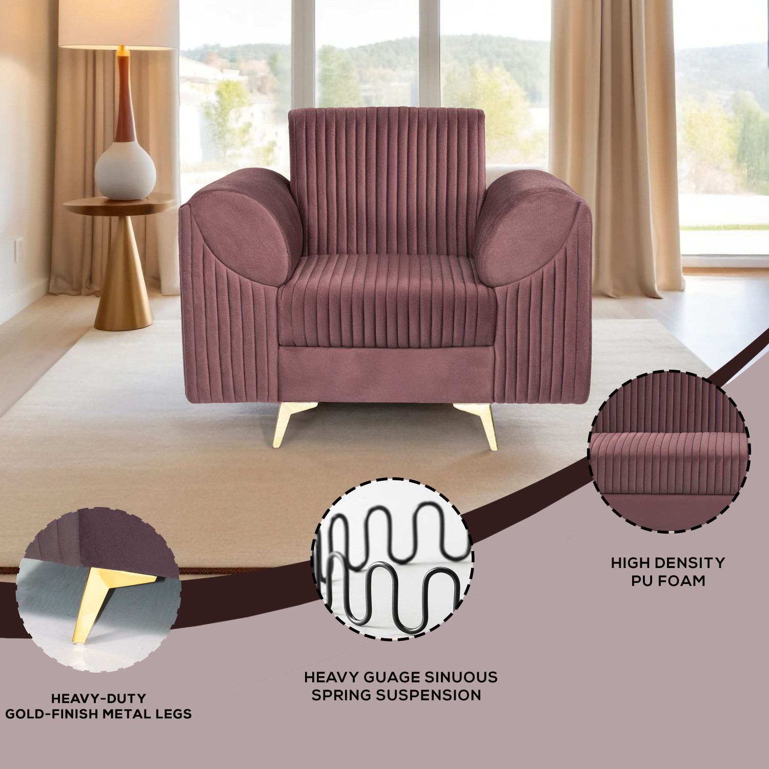 Image of Seventh Heaven Venice 1 Seater Sofa, Extra Spacious, Plush Suede Fabric: 1 Year Warranty Fabric 1 Seater Sofa