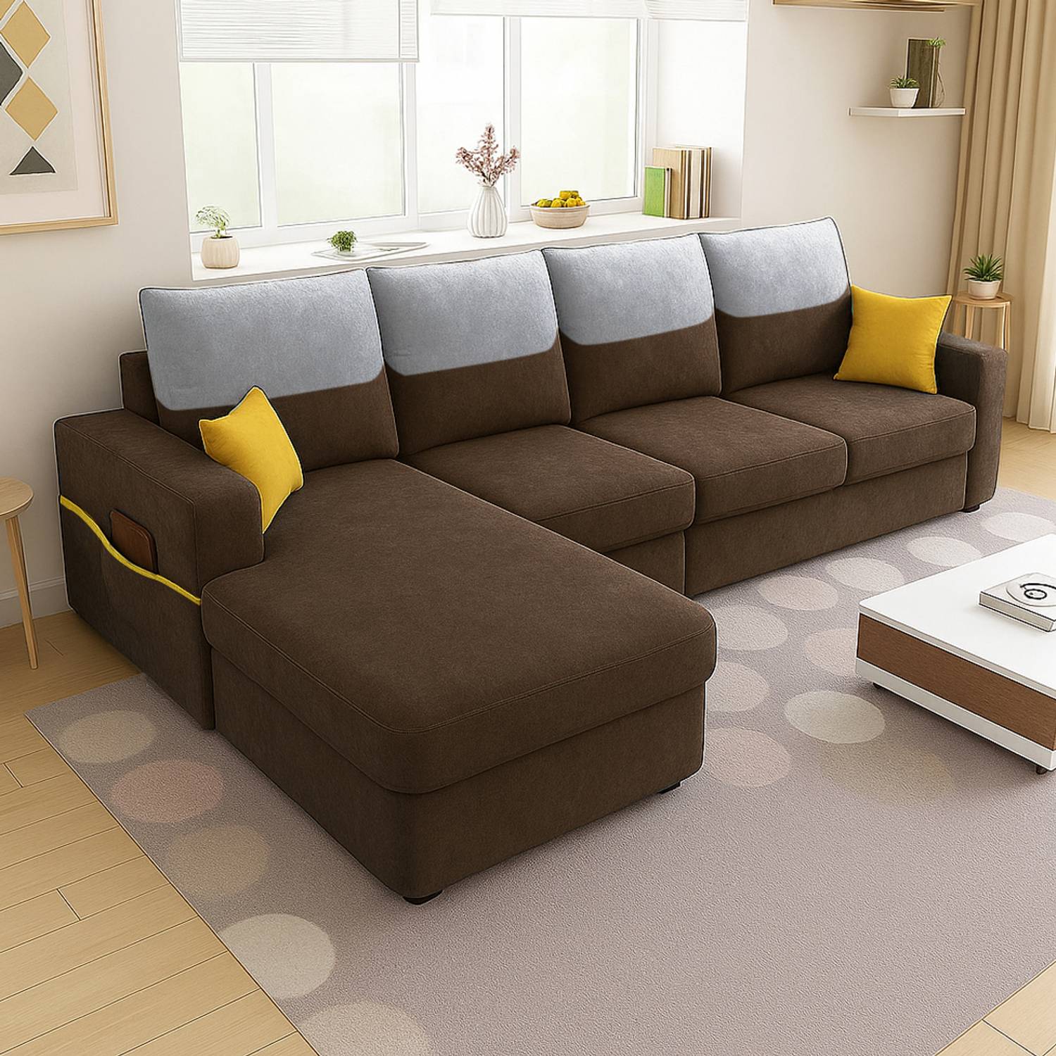 FURNY Tokyo 6 Seater Fabric LHS L Shape Sofa Set for Living Room