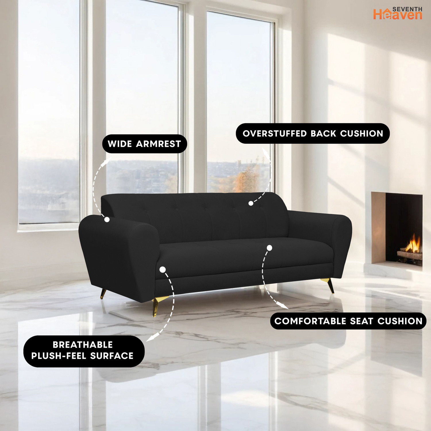 Image of Seventh Heaven Milan Icon 3 Seater Sofa, Extra Spacious, Plush Suede Fabric 3 Seater Sofa