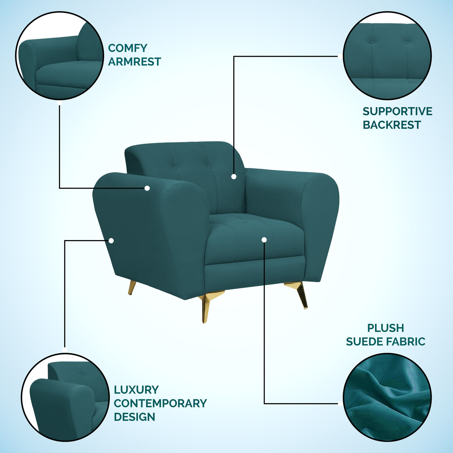 Image of Seventh Heaven Milan Icon 1 Seater Sofa, Extra Spacious, Plush Suede Fabric 1 Seater Sofa