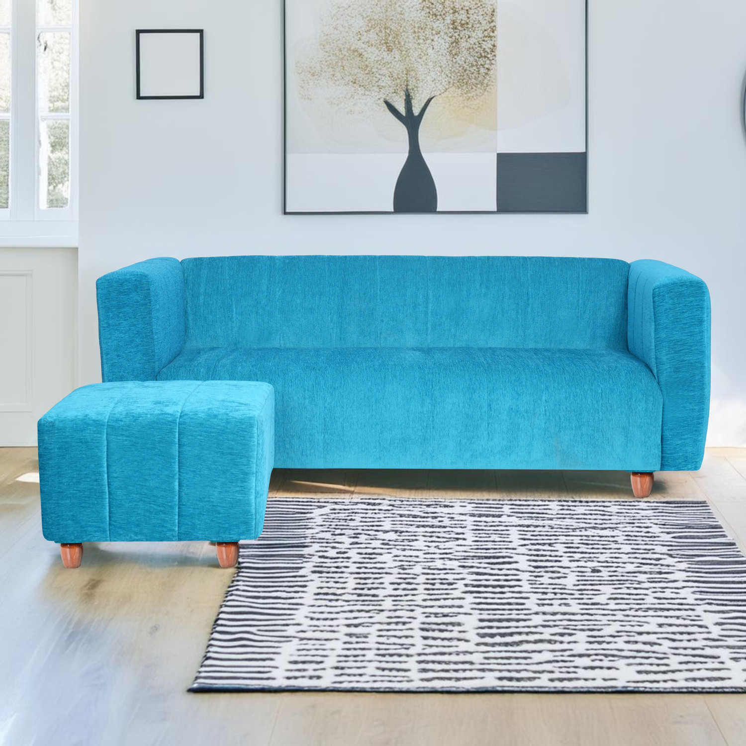 Image of Seventh Heaven Tokyo 4 Seater Sofa with 1 Ottoman, Chenille Molfino Fabric: 1 year Warranty Fabric 4 Seater Sofa