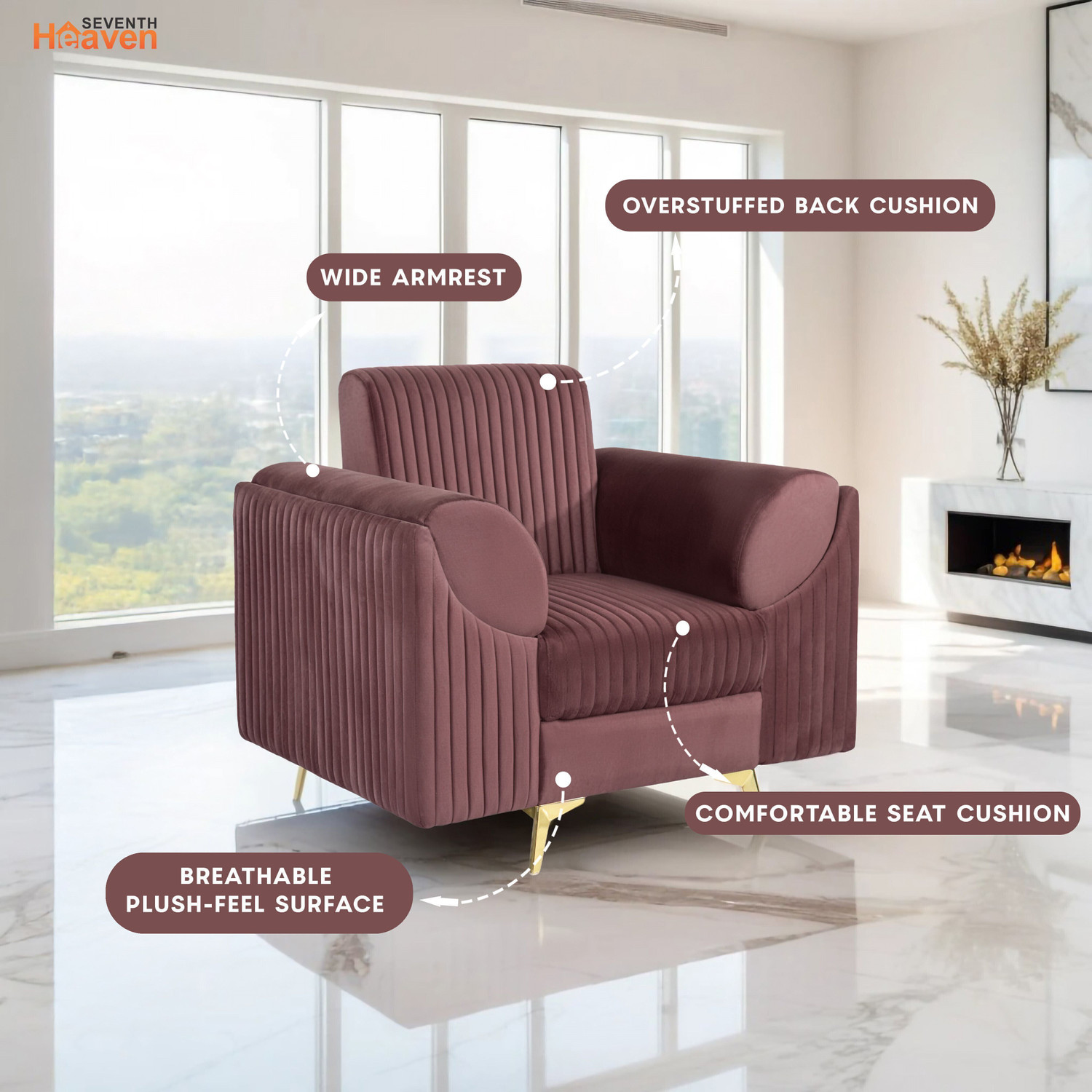 Image of Seventh Heaven Venice 1 Seater Sofa, Extra Spacious, Plush Suede Fabric: 1 Year Warranty Fabric 1 Seater Sofa
