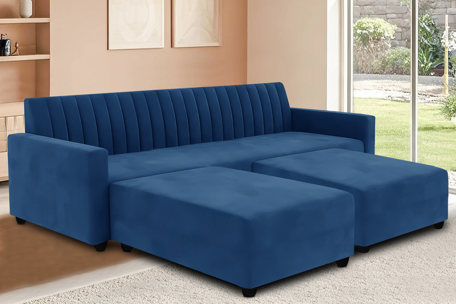 Image of Dr Smith Premium L-Shape Fabric Sofa Set with Two Lounger | Modern Channel-Tufted Design Fabric 5 Seater Sofa