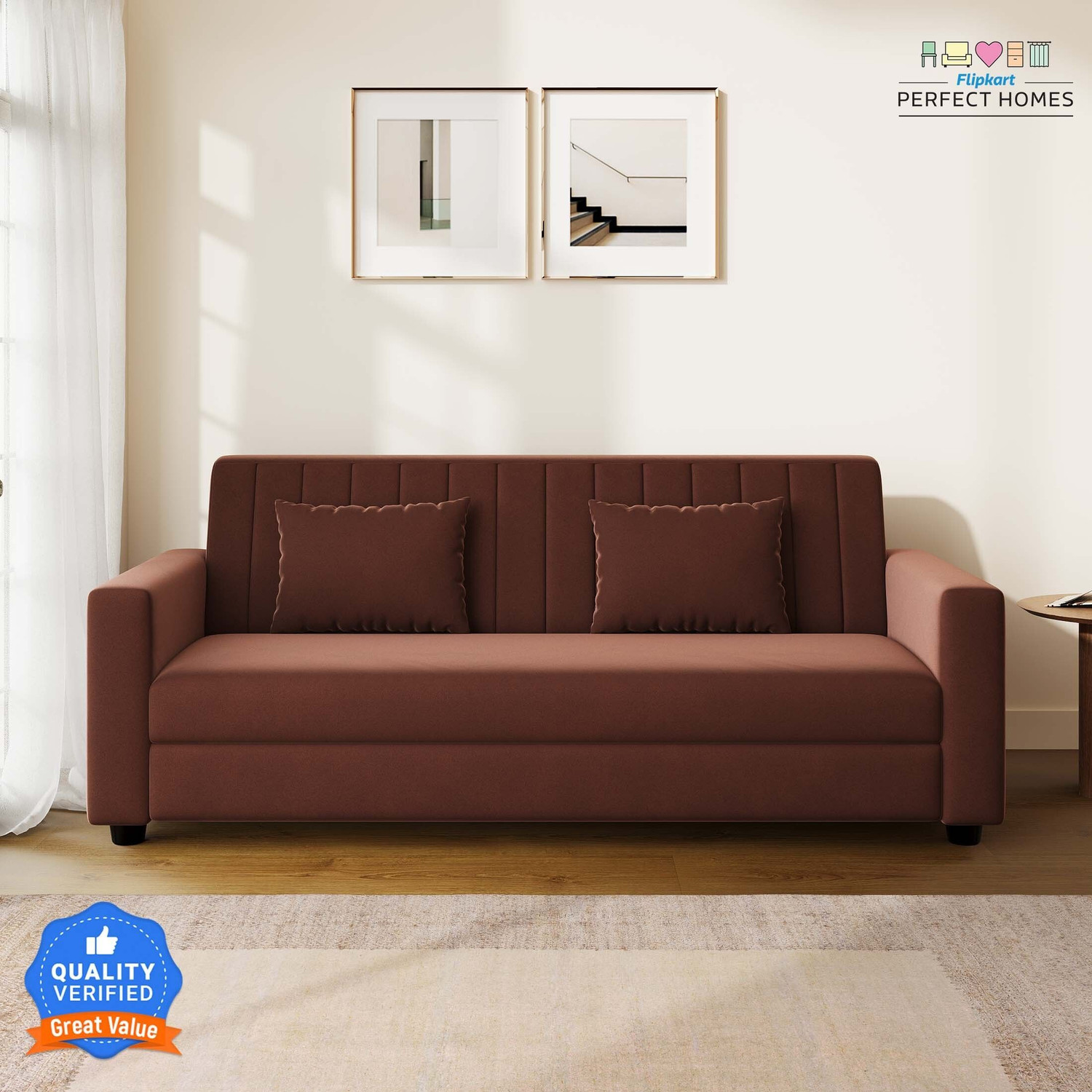 Image of Flipkart Perfect Homes Aeroform Luxuary Sofa Velvet Upholstery l Rick look Legs Fabric 3 Seater Sofa (Finish Color - Brown, DIY(Do-It-Yourself))