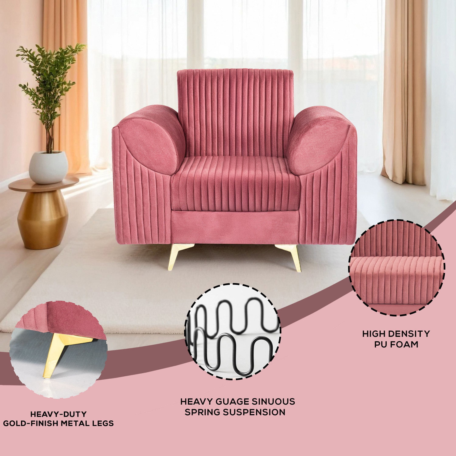 Image of Seventh Heaven Venice 1 Seater Sofa, Extra Spacious, Plush Suede Fabric: 2 Year Warranty Fabric 1 Seater Sofa