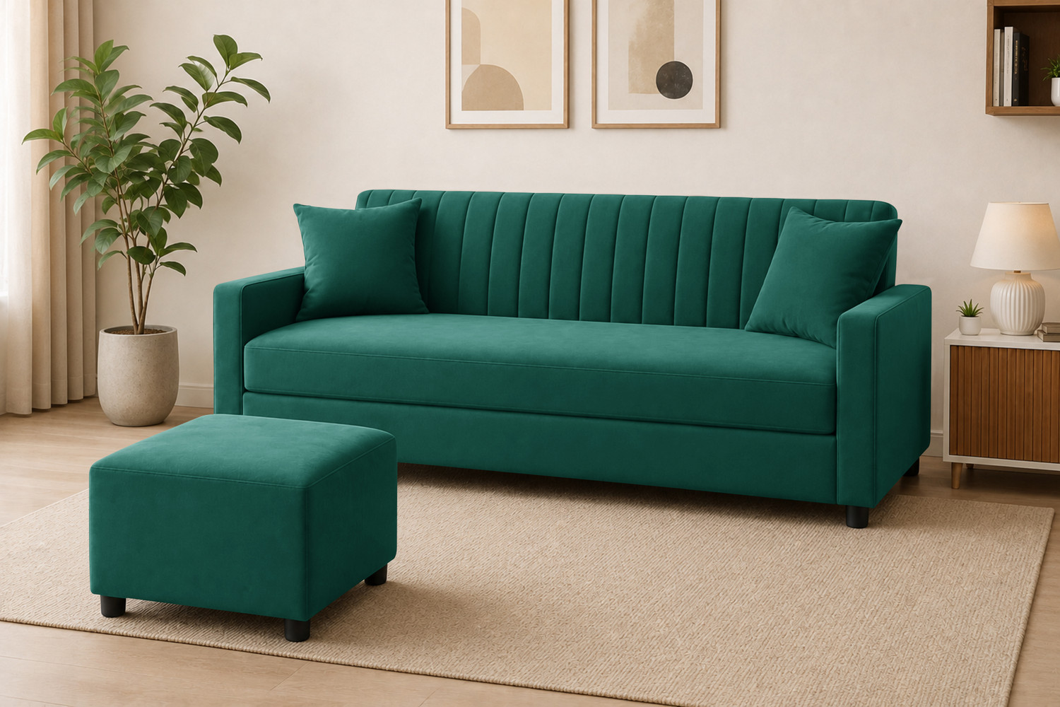 Image of Dr Smith Modern 3 Seater Velvet Fabric Sofa with Ottoman Fabric 3 Seater Sofa