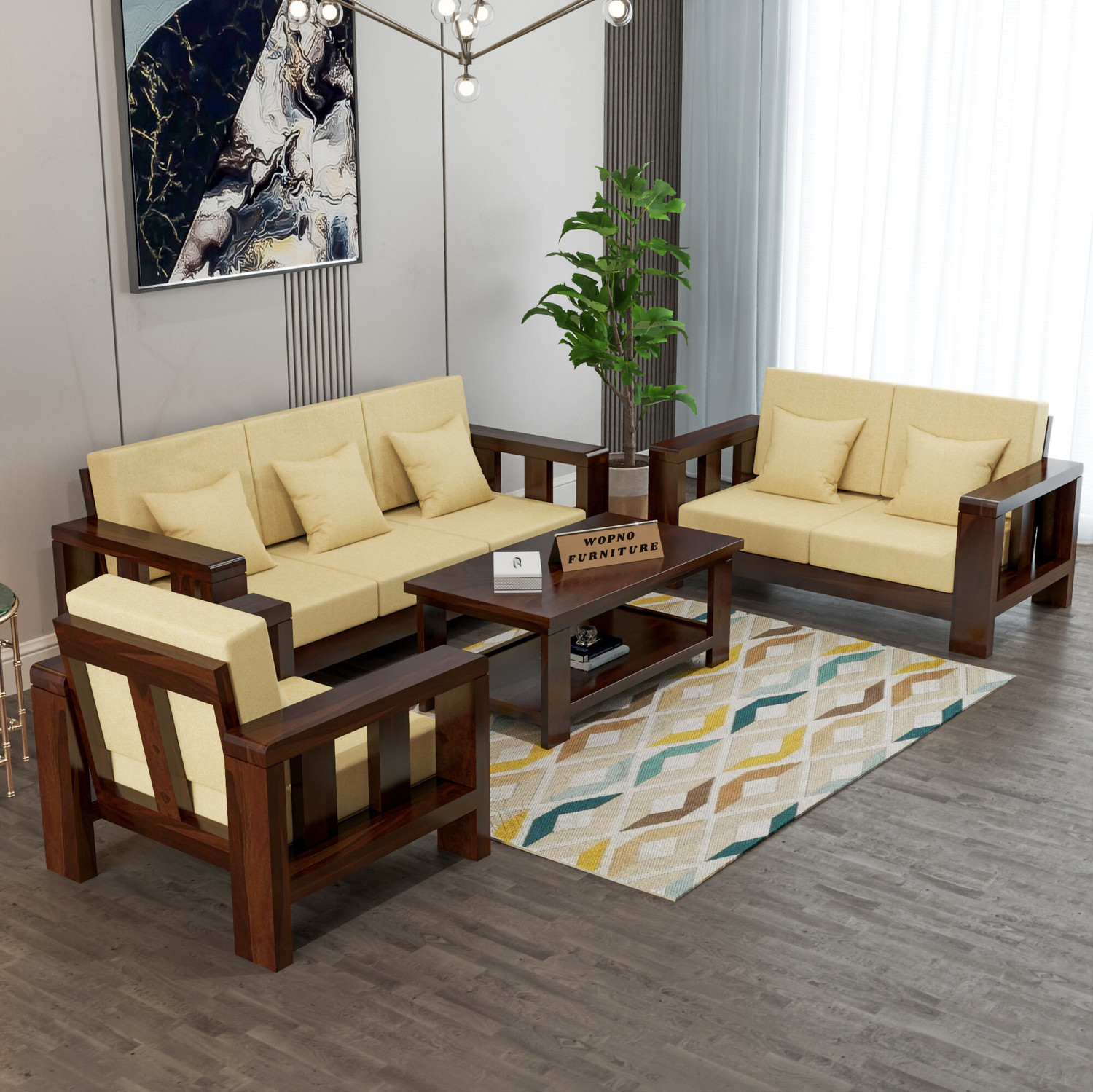 Image of Wopno Furniture Pure Solid Sheesham Wooden 6 Seater Sofa Set for Living Room and Home\Office Fabric 6 Seater Sofa