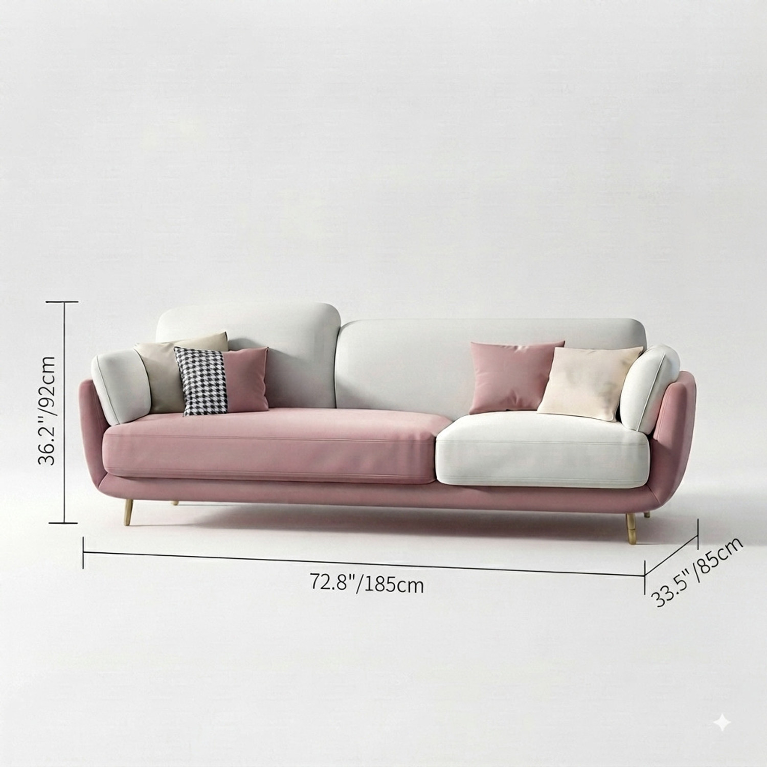 Image of DECORIMPEX Stylish & Luxury sectional Sofa in Fabric & Velvet 3 Seater Pink & Beigee Fabric 3 Seater Sofa