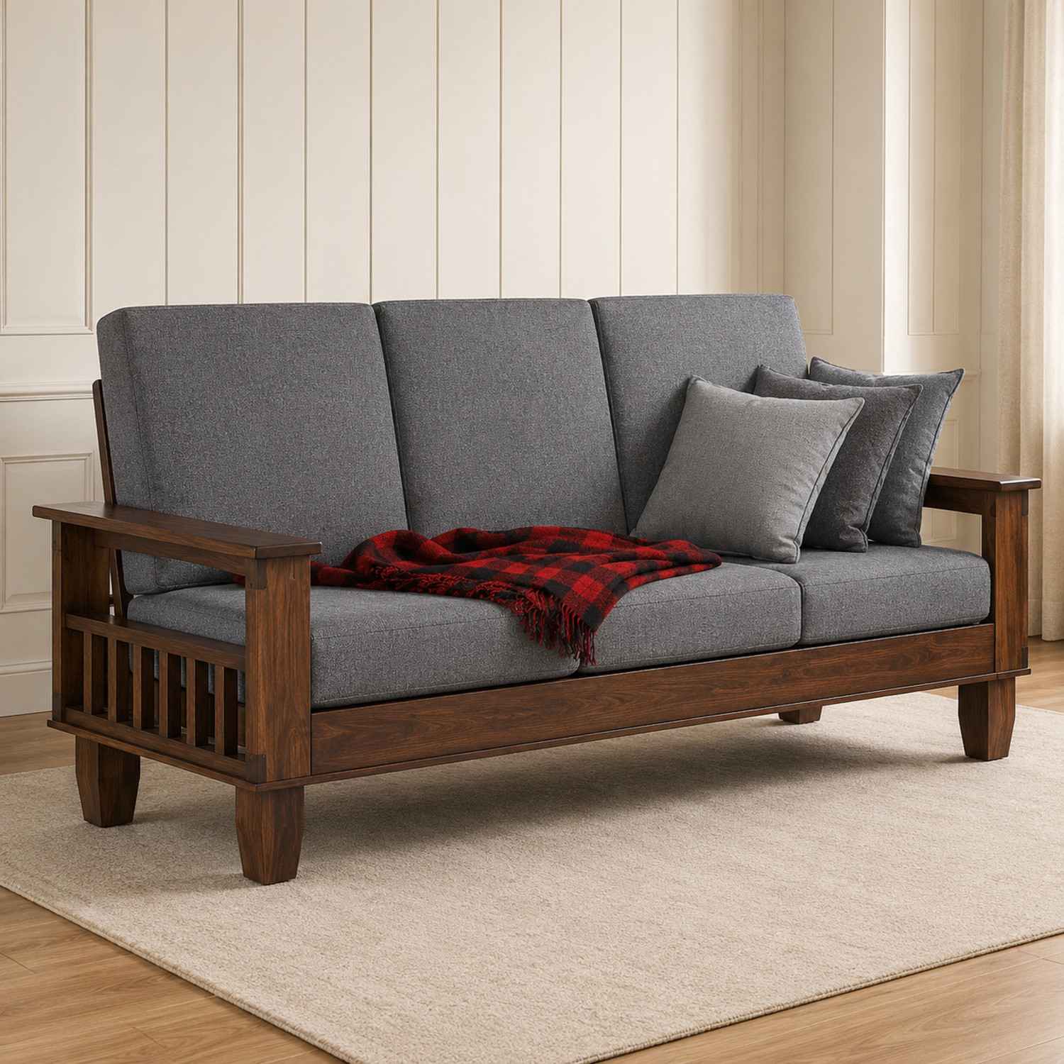 Image of Kendalwood Furniture Solid Wood 3 Seater Wooden Sofa set for living Room Furniture Fabric 3 Seater Sofa