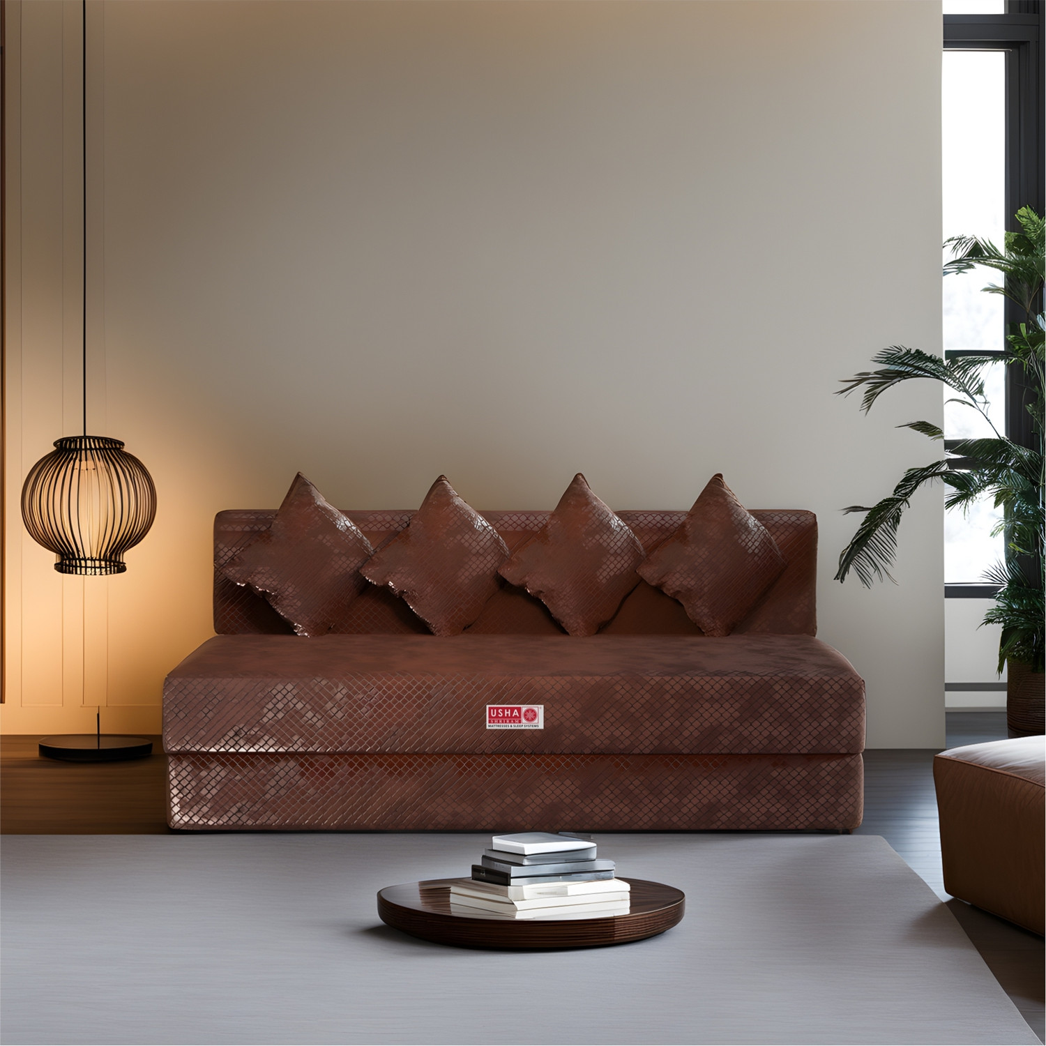 Image of USHA SHRIRAM 6x6 Feet Velvet Fabric with Fabric 4 Seater Sofa