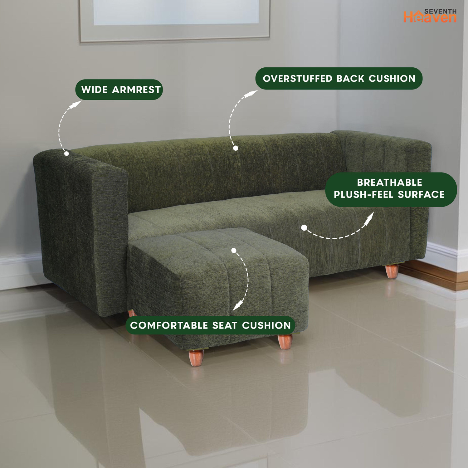 Image of Seventh Heaven Tokyo with 1 Ottoman, Chenille Molfino Fabric Fabric 4 Seater Sofa