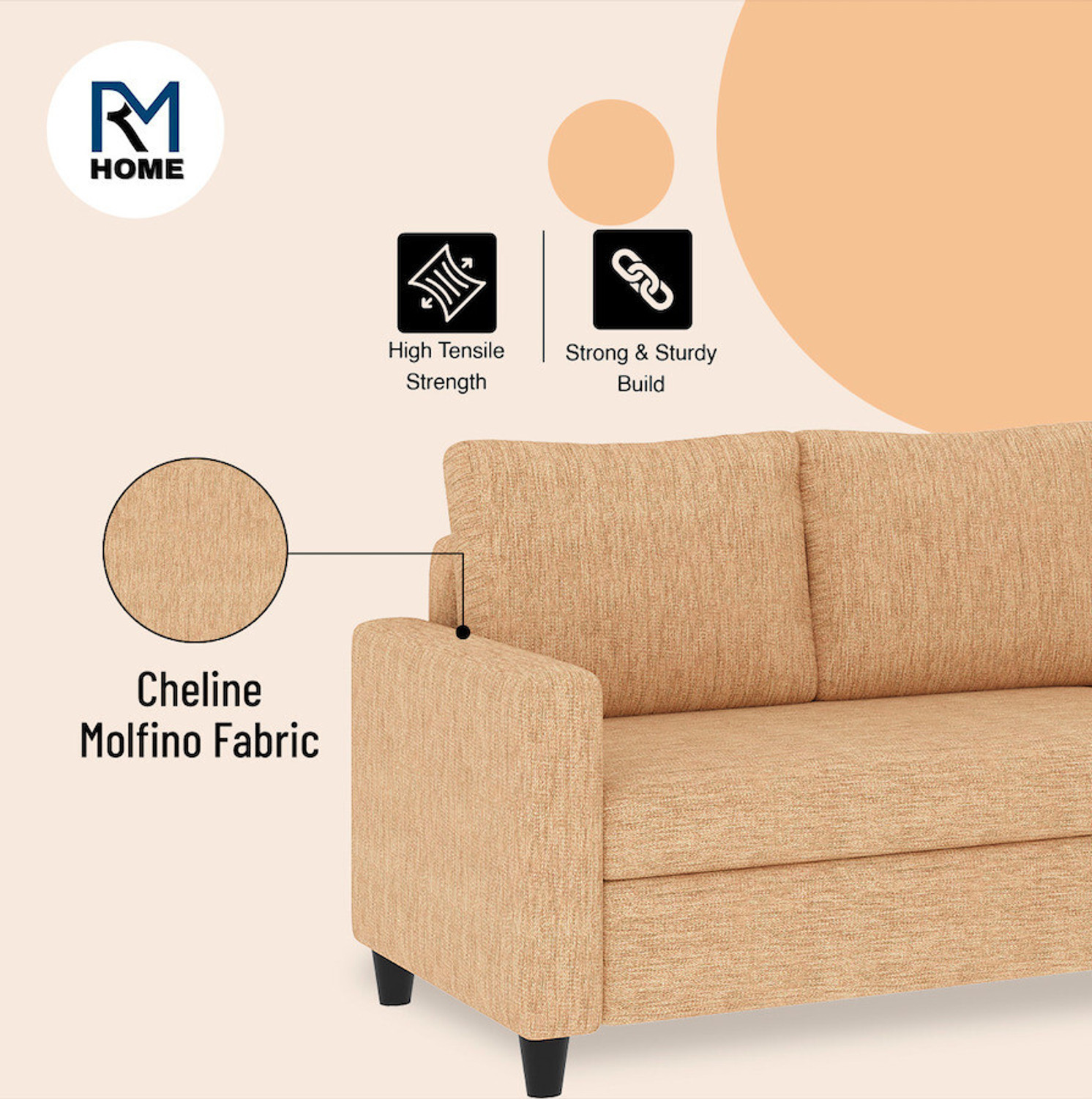 Image of RM HOME Megun RHS Molfino Seat & Pillow washable Fabric 6 Seater Sofa