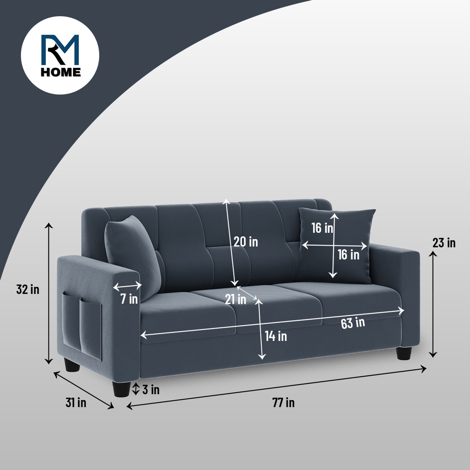 Image of RM HOME Roman Fabric 3 Seater Sofa