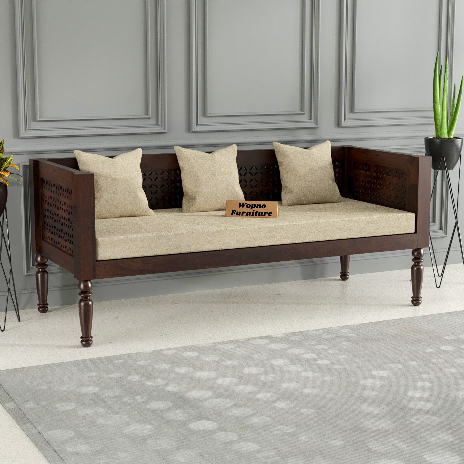 Image of Wopno Furniture Sheesham Solid Wood 3 Seater Sofa for Living Room Home & Office | Sofa Set Fabric 3 Seater Sofa