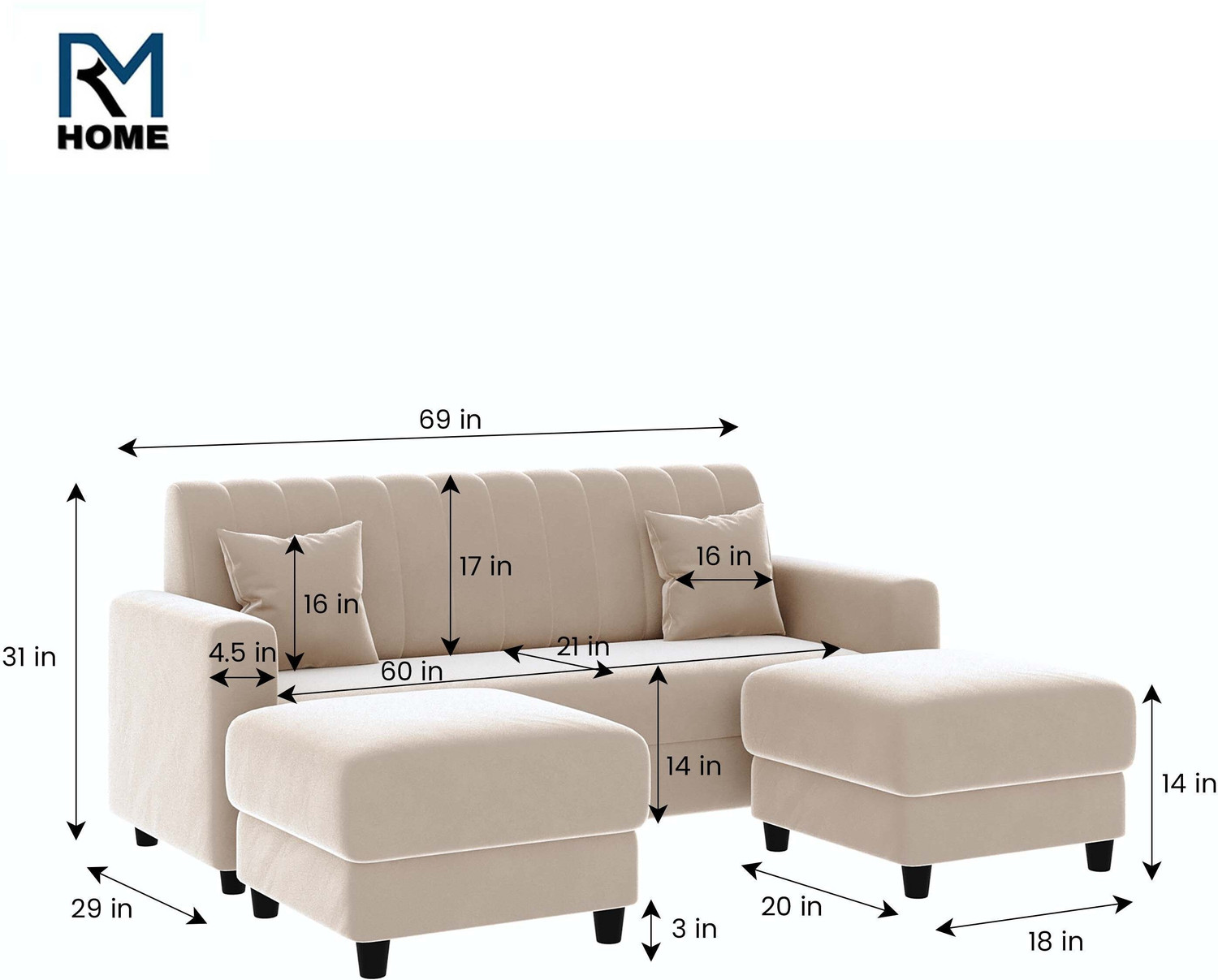 Image of RM HOME Luna Fabric 5 Seater Sofa