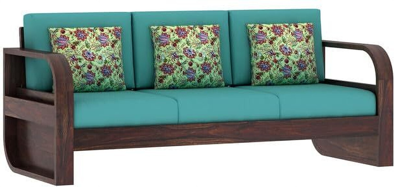 Image of Dreamydesks 3 Seater Sofa with Side Pockets with Cushions for Living Room Solid Wood 3 Seater Sofa