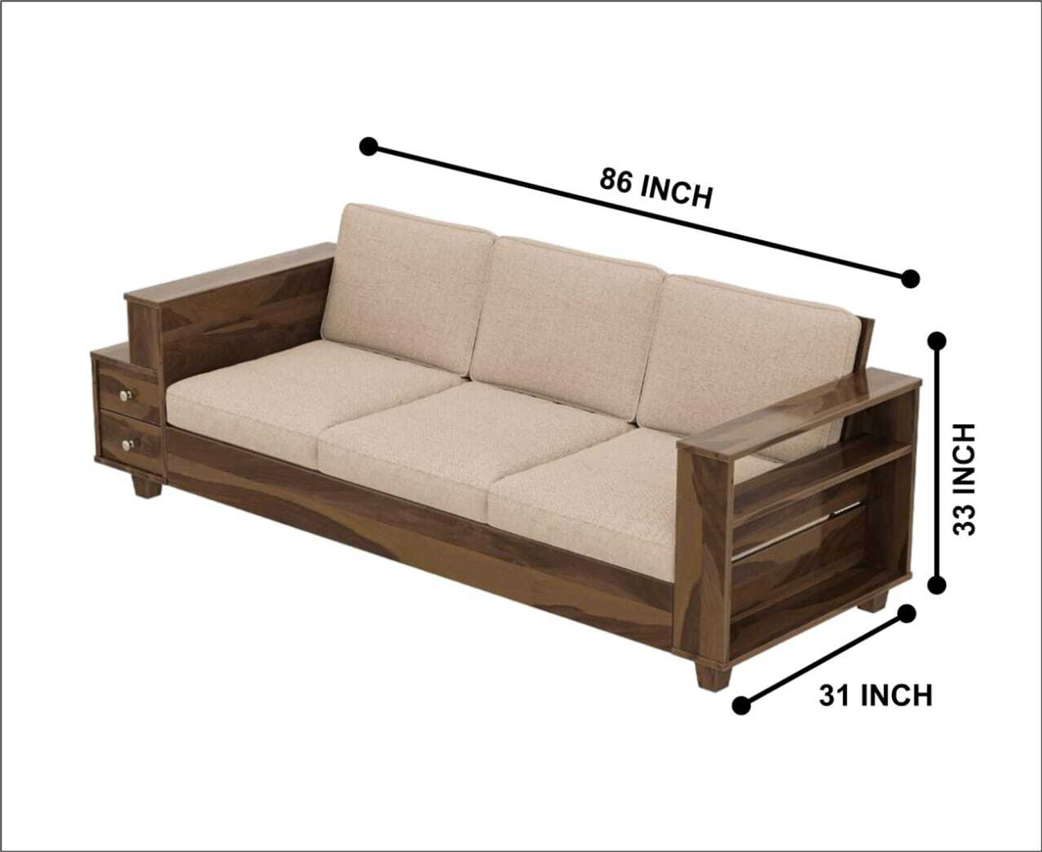 Image of WC White Cedar soild wood 3 Seater Sofa (Finish Color - brown cream) Solid Wood 3 Seater Sofa