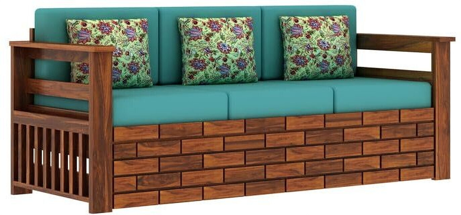 Image of Dreamydesks Solid Wood 3 Seater Sofa with Side Pockets with Cushions for Living Room Solid Wood 3 Seater Sofa