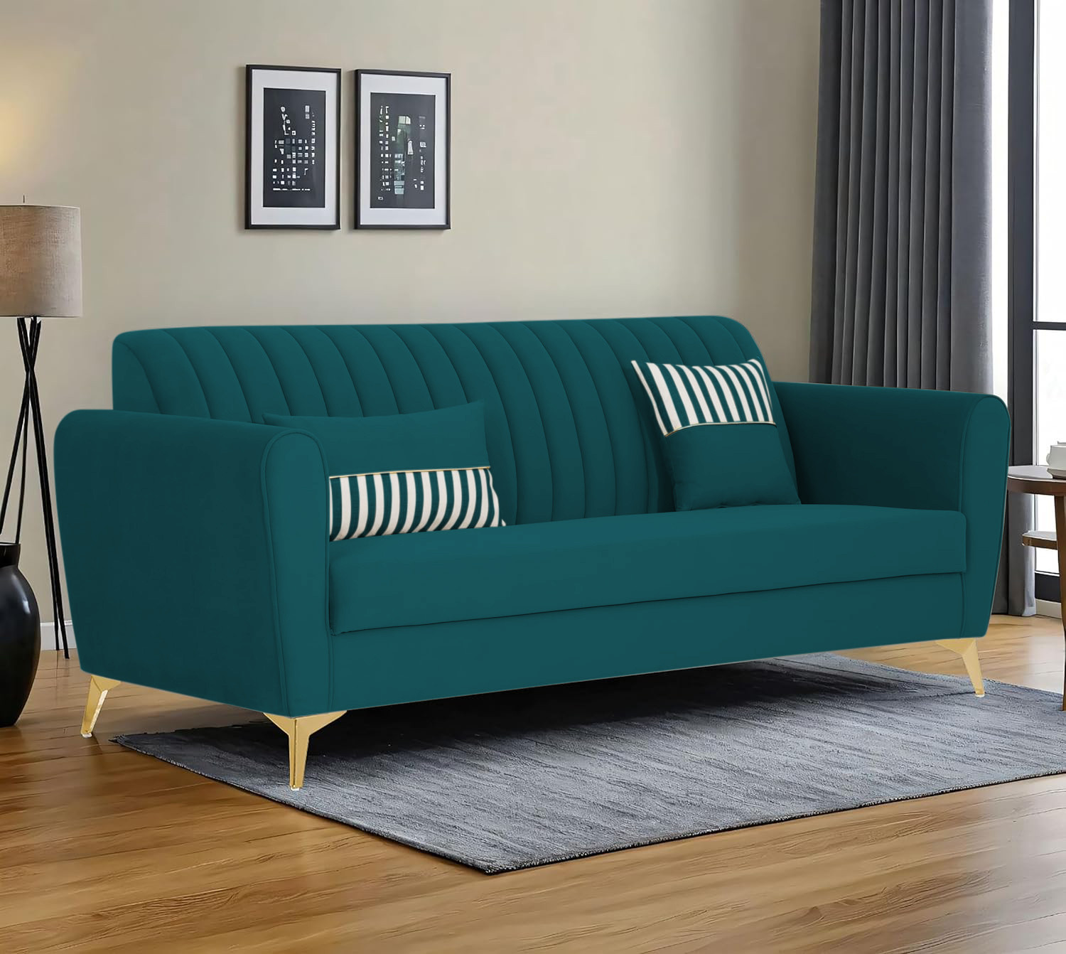 ADORN INDIA Premium Luster 3 Seater Velvet Sofa | Ocean Blue | Gold Legs | 3-Year Warranty Fabric 3 Seater  Sofa