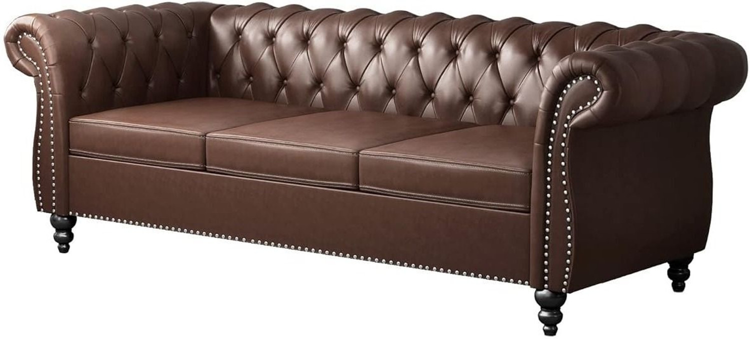 Image of Arcreation shop Chesterfield Sofa Leather Modern PU Tufted Couch with Rolled Arms and Nailhead Leatherette 3 Seater Sofa
