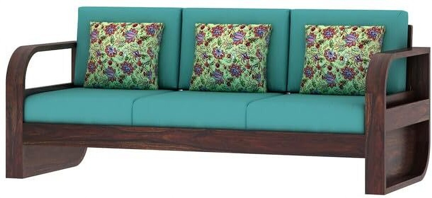 Image of Dreamydesks 3 Seater Sofa with Side Pockets with Cushions for Living Room Solid Wood 3 Seater Sofa