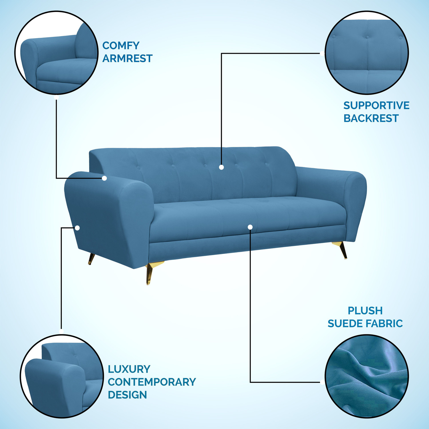Image of Seventh Heaven Milan Icon 3 Seater Sofa, Extra Spacious, Plush Suede Fabric 3 Seater Sofa