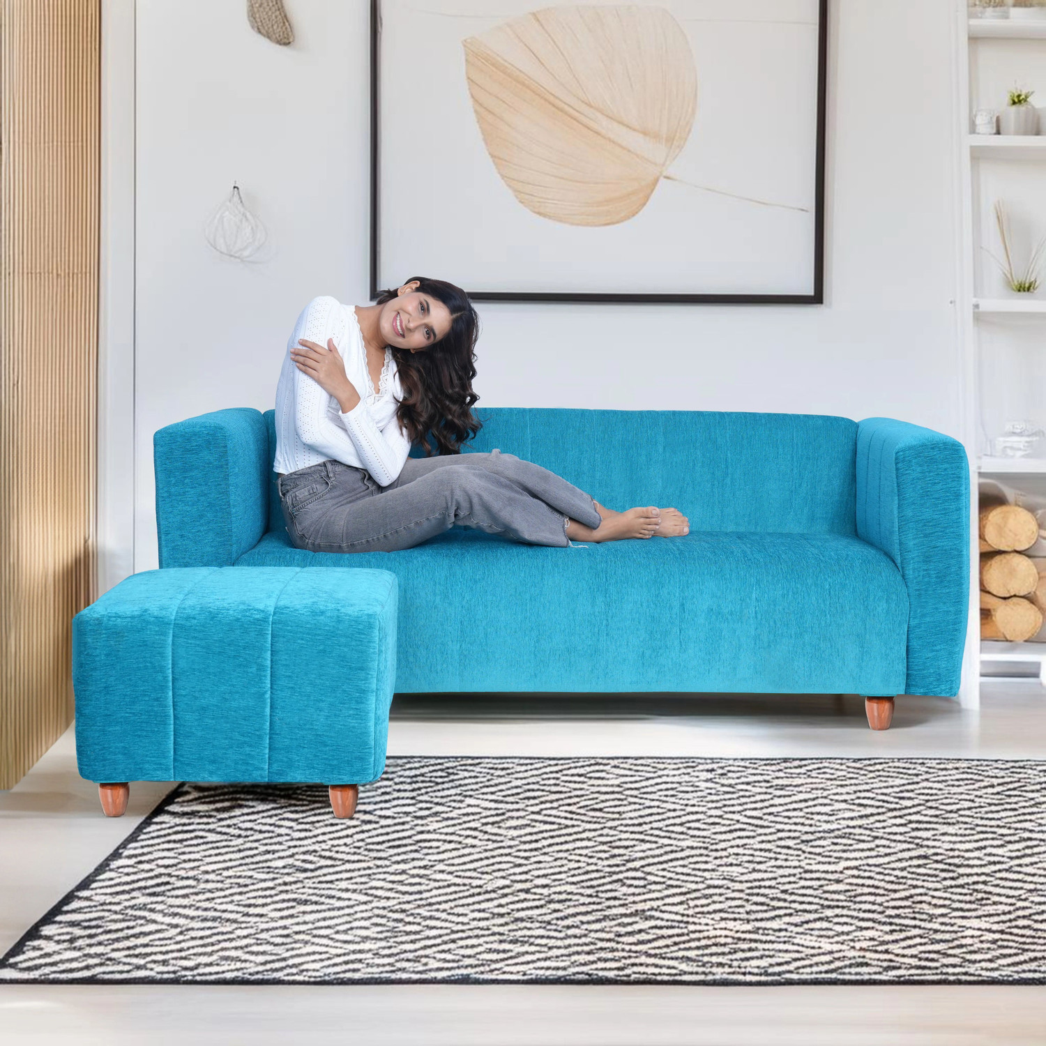Image of Seventh Heaven Tokyo 4 Seater Sofa with 1 Ottoman, Chenille Molfino Fabric: 1 year Warranty Fabric 4 Seater Sofa