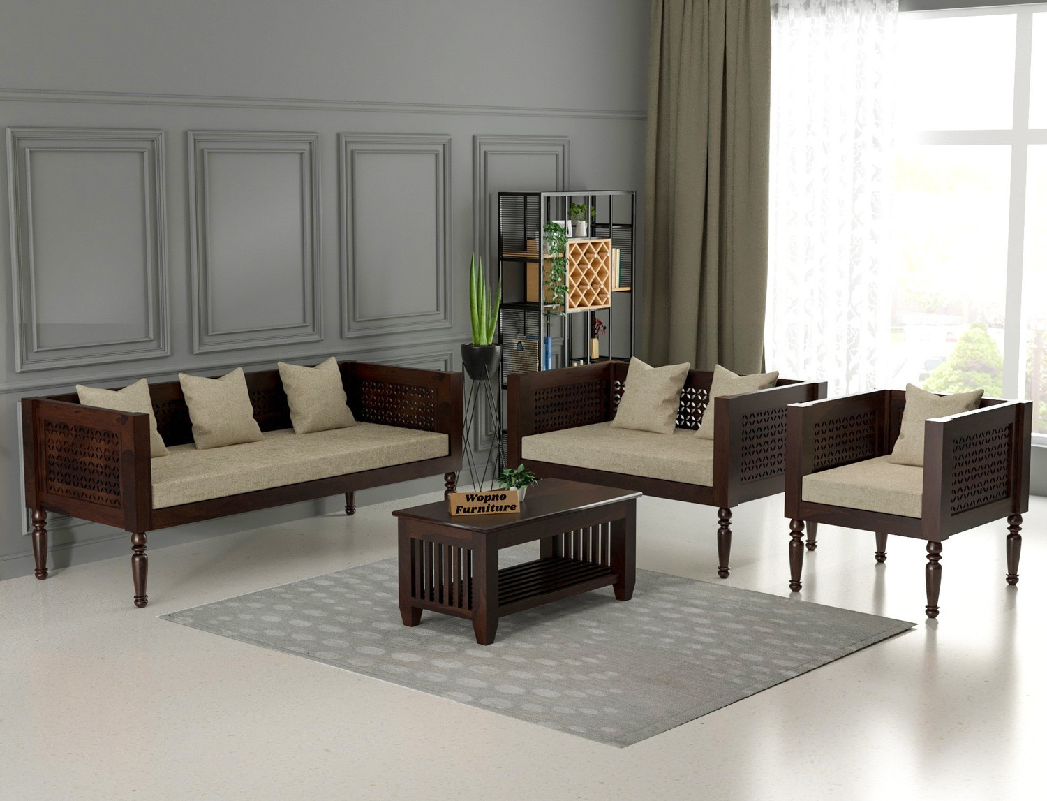 Image of Wopno Furniture Sheesham Solid Wood 6 Seater Sofa Set for Living Room Home & Office | Sofa Set Fabric 6 Seater Sofa