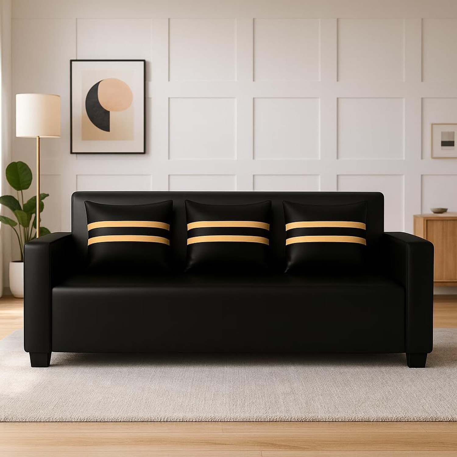 Image of Flipkart Perfect Homes Exico 3s Black Leatherette 3 Seater Sofa
