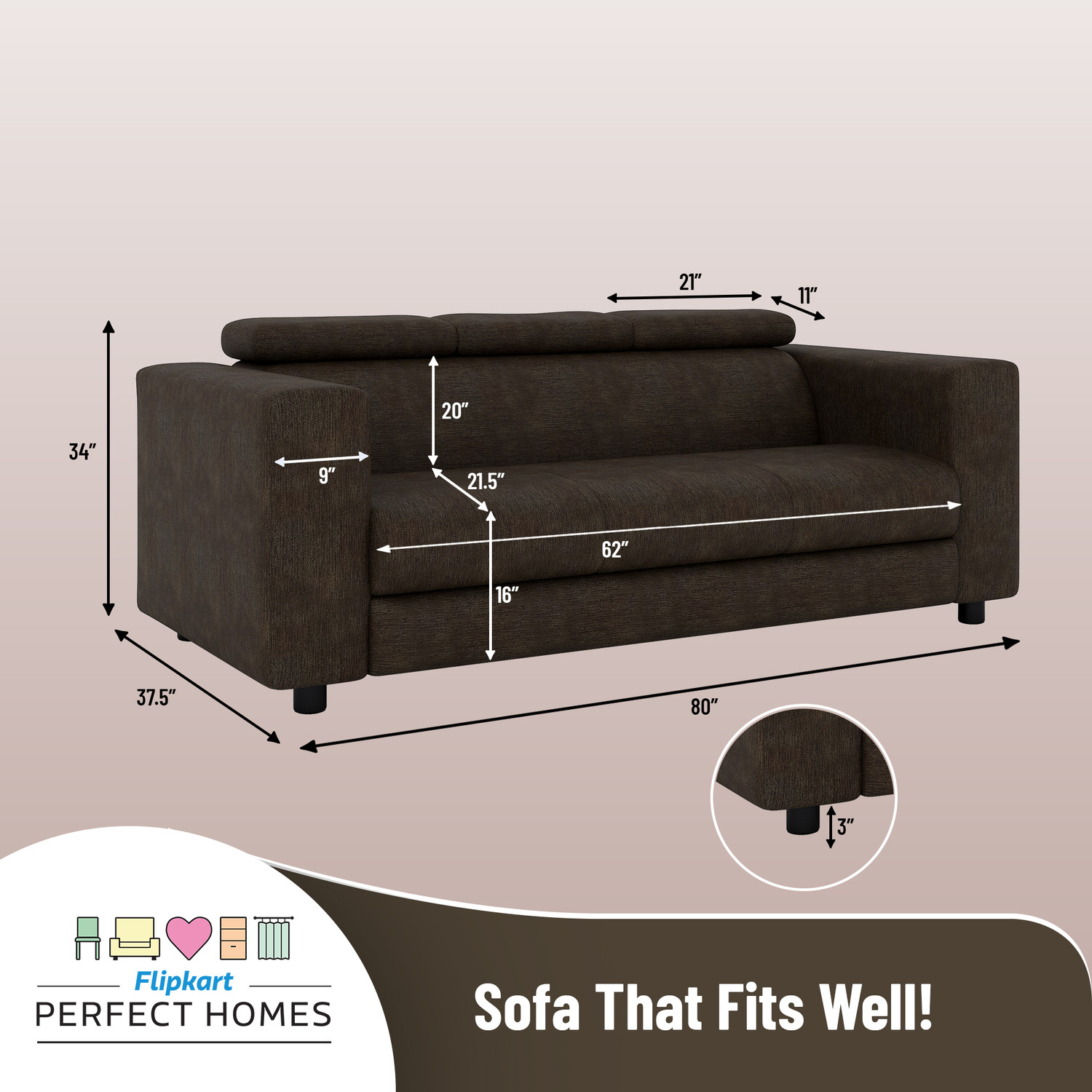 Image of Flipkart Perfect Homes Heaven Fabric 3 Seater Sofa